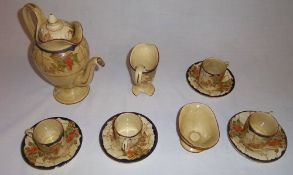 Bursley Bacchus coffee pot, cream jug (damaged), sugar bowl, 4 coffee cans & saucers