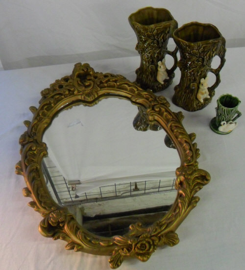 Pr of Sylvac rabbit vases, a sm swan Sylvac vase and a gilt framed mirror