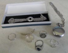 Silver Tiffany chain bracelet, silver locket on chain, 4 silver rings etc