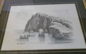 Pencil drawing of seascape & cliffs by Ezio Vannucei