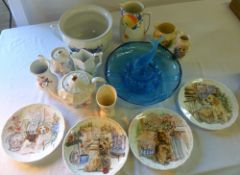 Box of ceramics inc collectors plates & blue glass centrepiece