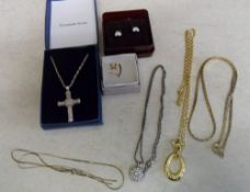 Costume jewellery inc silver cross chain, cat stud earrings etc