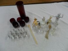 Shot glasses, glass perfume bottles, decanter & 5 glasses marked 'Suoni' etc