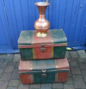 2 tin trunks & copper vase