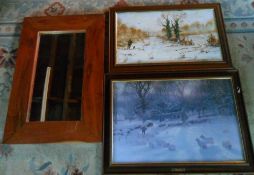 Oil on canvas of winter shooting scene by K R Wilkinson, print of snow scene by Joseph Farquharson