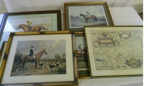 4 equestrian prints & a framed map