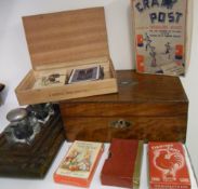 Wooden box, ink stand, cut throat razors, old playing cards, etc