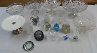 Glass cake stands/comports, Coalport ceramic stand, Whitefriars style candle holders, Caithness