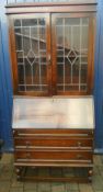 Early 20th C oak & leaded glass bureau bookcase