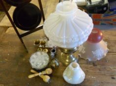 Brass paraffin lamp, glass shades, plate stand etc