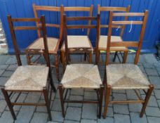 3 rush seated chairs, cane seated chair & 2 others