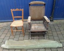 Vict static rocking chair, cane seated salon chair & roll of velvet upholstery fabric