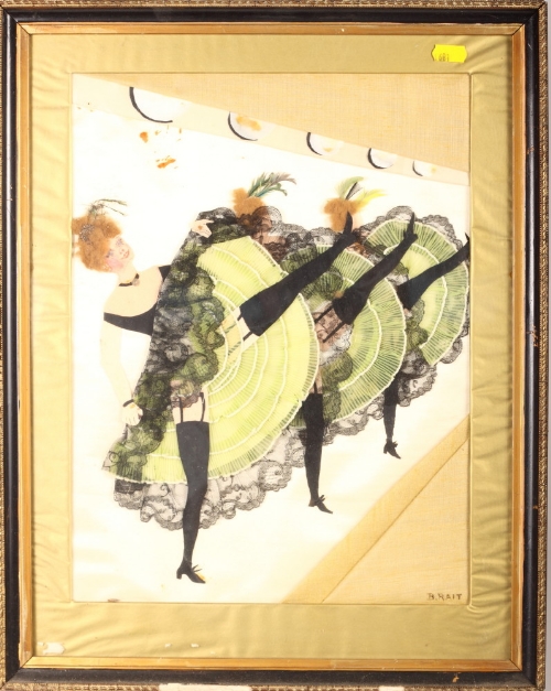 B Rait: a textile collage, cancan dancers, in strip frame, and a pastel study of a garden, in strip