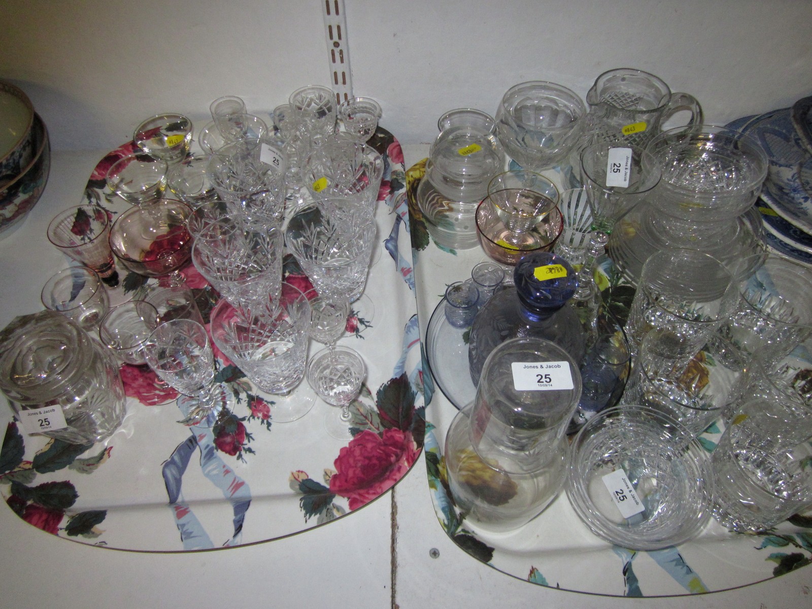 A cut glass liqueur set, on tray, a cut glass preserve jar, a cut glass water jug and other items