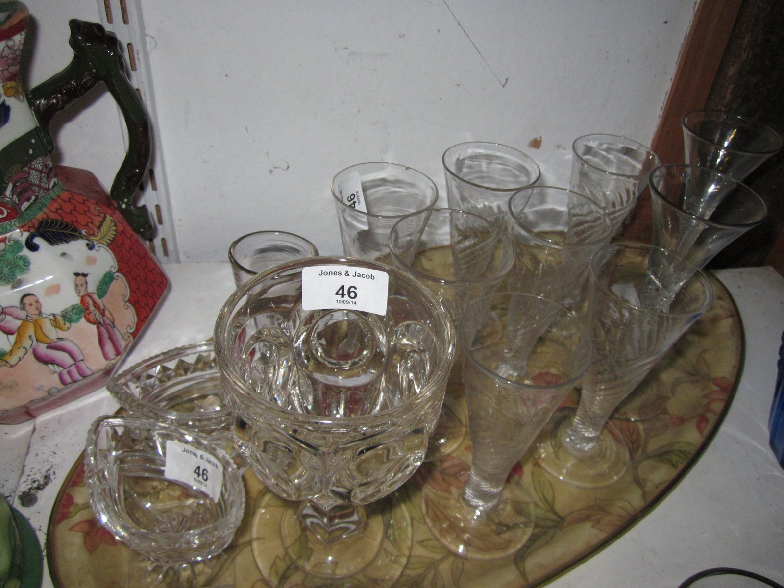 A pair of 19th Century drawn stem ale glasses with air twist stems, a set of seven similar ale