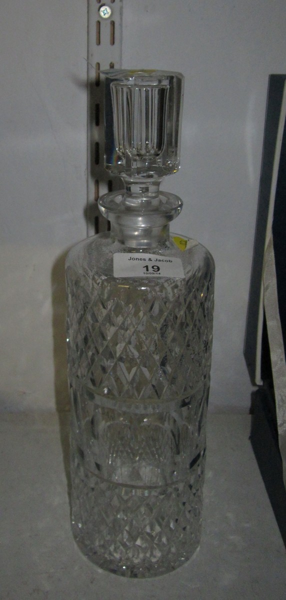 A Waterford Colleen cylindrical cut glass decanter