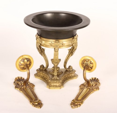 A 19th Century brass tripod on scroll feet and triform base, an anodised shallow bowl, 9 1/2""