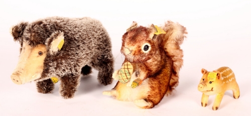 Three Steiff animals; a wild boar, a piglet and a squirrel