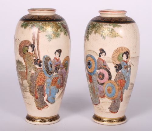 A pair of early 20th Century Satsuma oviform vases decorated with geishas in gardens, 5"" high, on