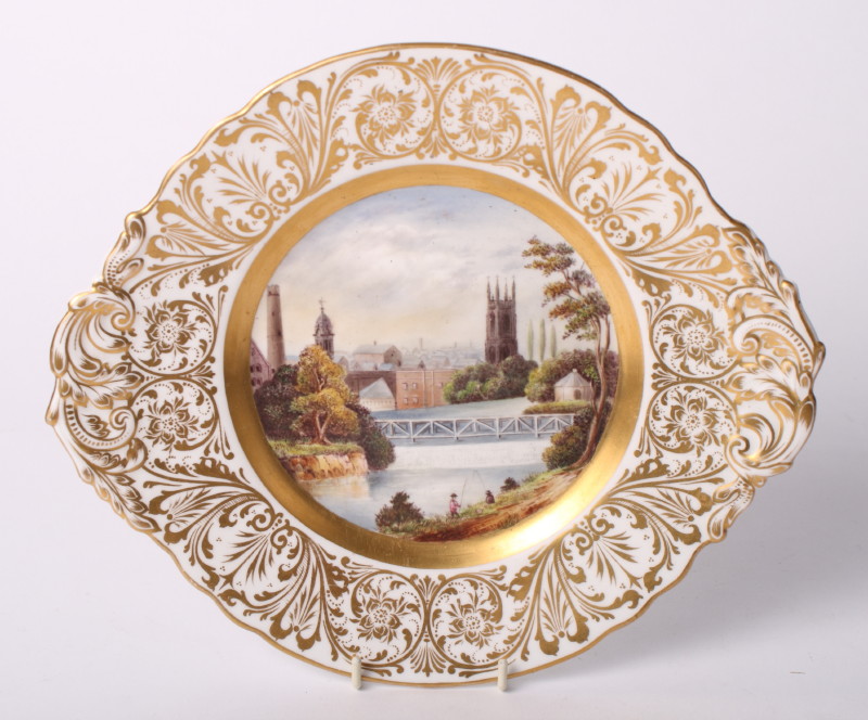 A 19th Century Stevens & Hancock Derby bone china dessert plate with centre panel view of the works