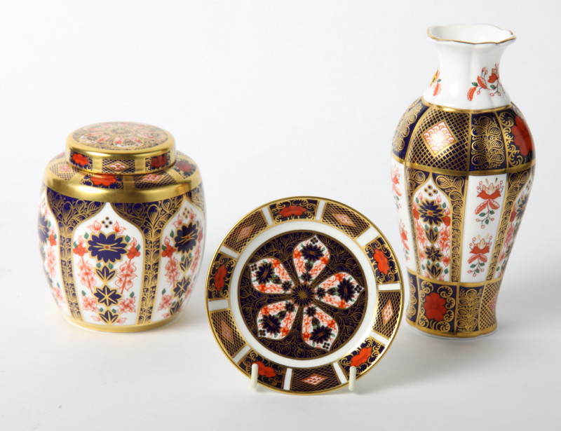 A Royal Crown Derby ""Old Imari"" china vase, 7"" high, a matching ginger jar and a pin dish