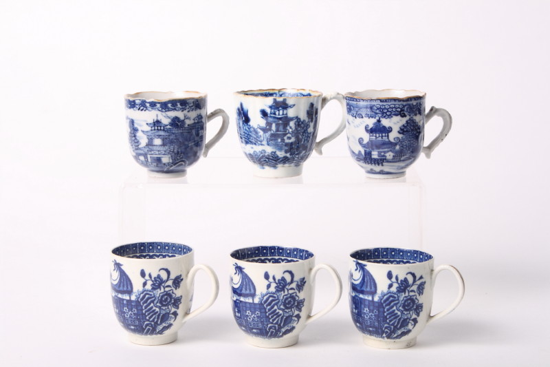 Three 18th Century Worcester tea cups with fishermen pattern, a contemporary Staffordshire tea cup