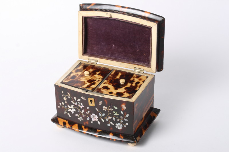 A late 18th Century shape front tortoiseshell and mother-of-pearl inlaid two-division tea caddy on - Image 2 of 2