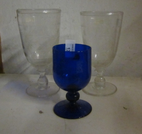 A pair of 19th Century cut glass celery vases and a blue glass goblet