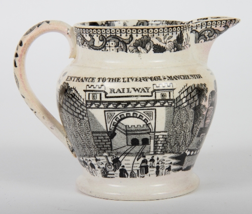 A Staffordshire jug transfer printed in black "The Entrance to the Liverpool and Manchester