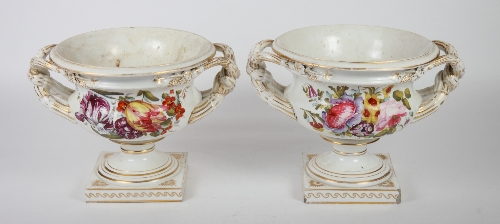 A pair of Derby porcelain two-handled vases painted flowers on square bases, 10" dia (damages)