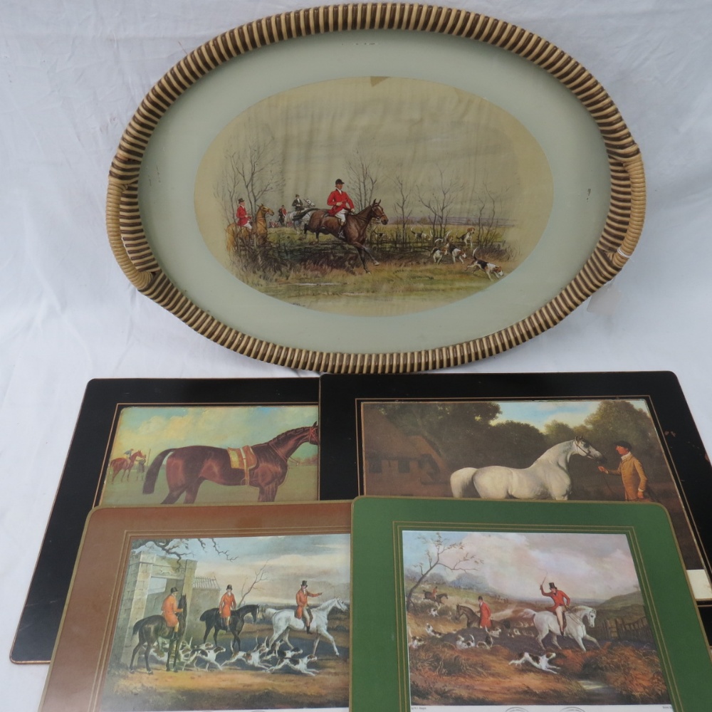 A hunting themed glass topped oval cocktail tray with twin carrying handles, approximately 50cm