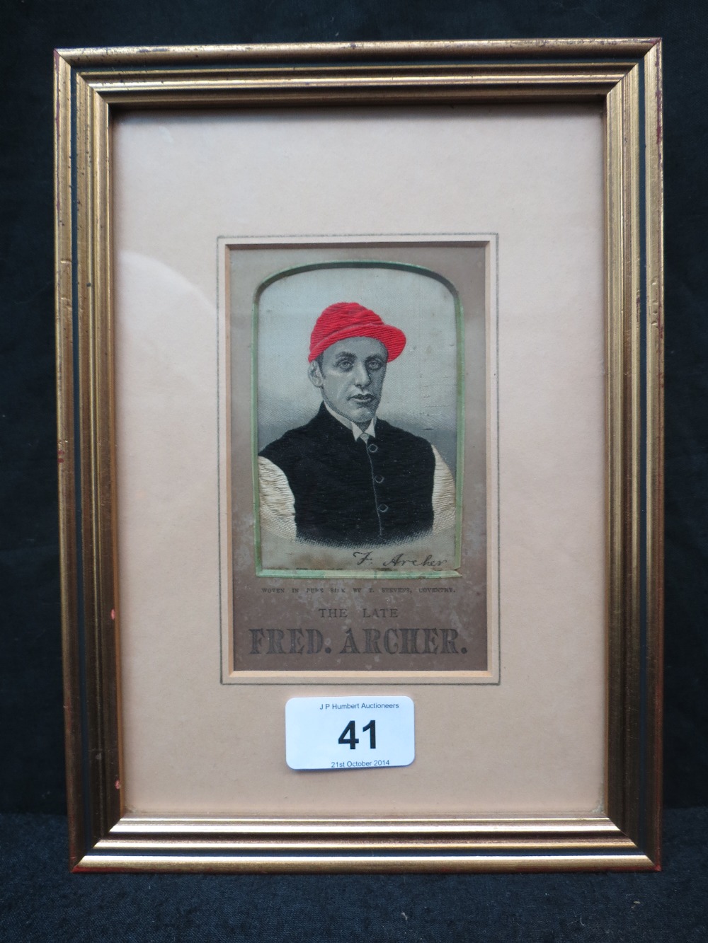 A late 19th century stevenograph of  the jockey 'The Late Fred Archer' woven 'in pups silk by T.