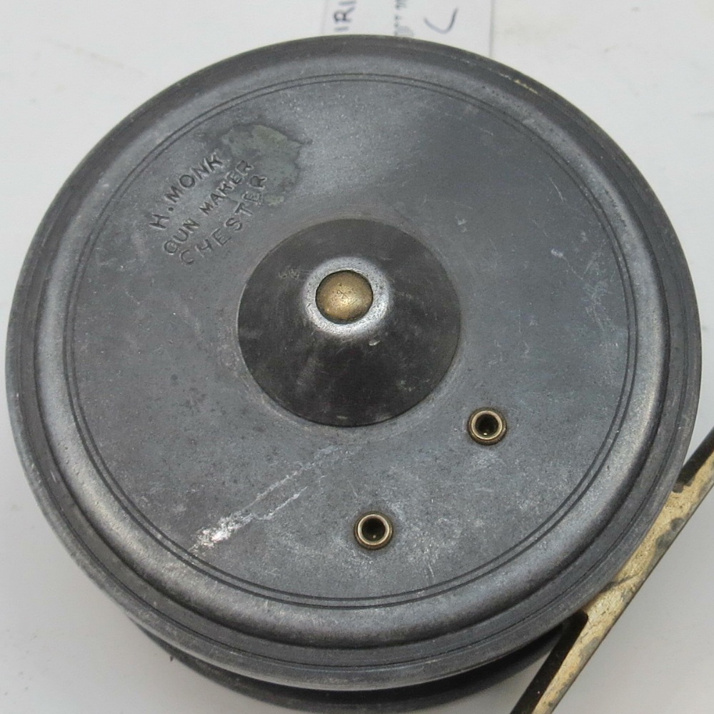 A vintage 3" Dingley fly fishing reel stamped 'H. Monk, Chester' .