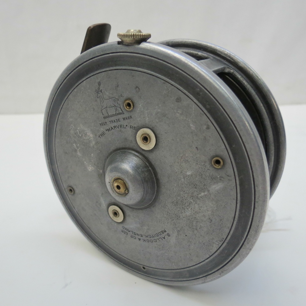A vintage 'The Marvel' 4" salmon reel by 'S.Allcock & Co. Ltd.' with Stag Trademark and brass foot.
