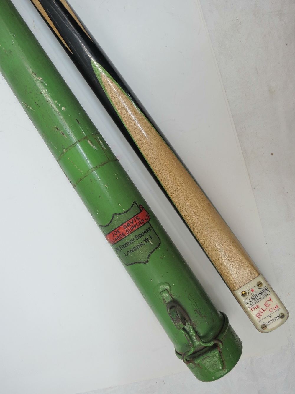 A mid 20th century snooker cue: 'The Riley cue' from 'E.J. Riley Limited Accrington & London' (148cm