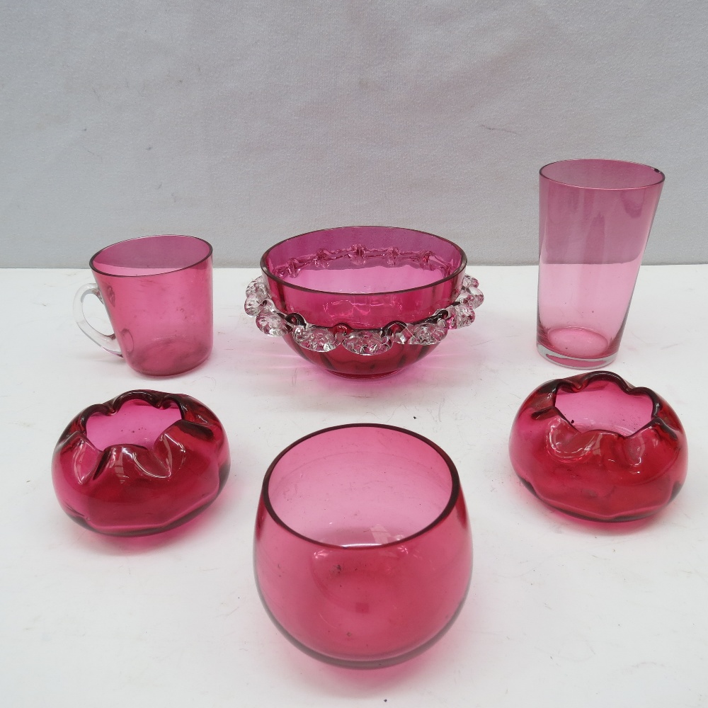 A pair of small Victorian Cranberry Glass vases 7cm, together with a Cranberry Glass custard cup 6cm