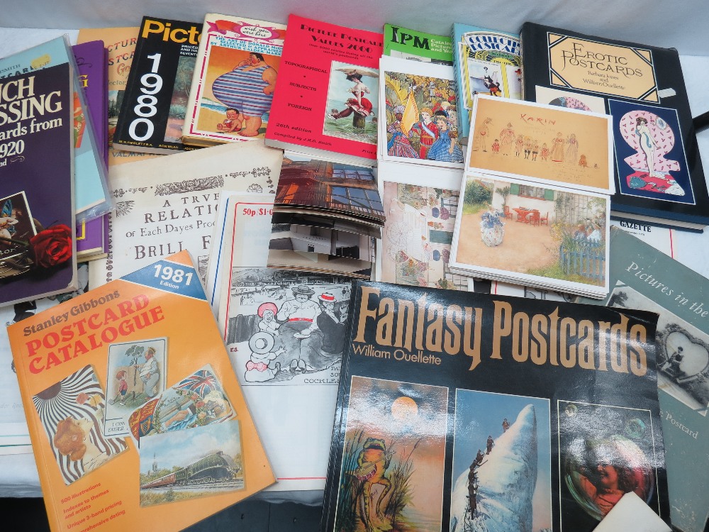 A quantity of catalogues and books containing postcards plus a quantity of single sleeves