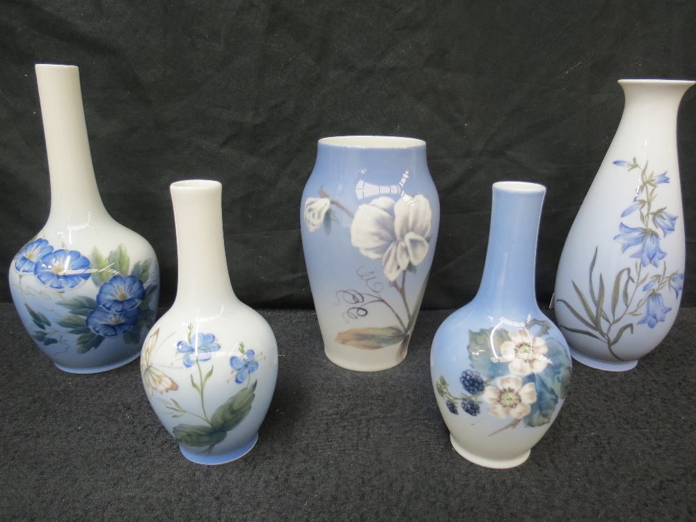 A Royal Copenhagen group of five flower decorated vases, (2918/4055, 2668/2037,790/43.6, 288/43A,