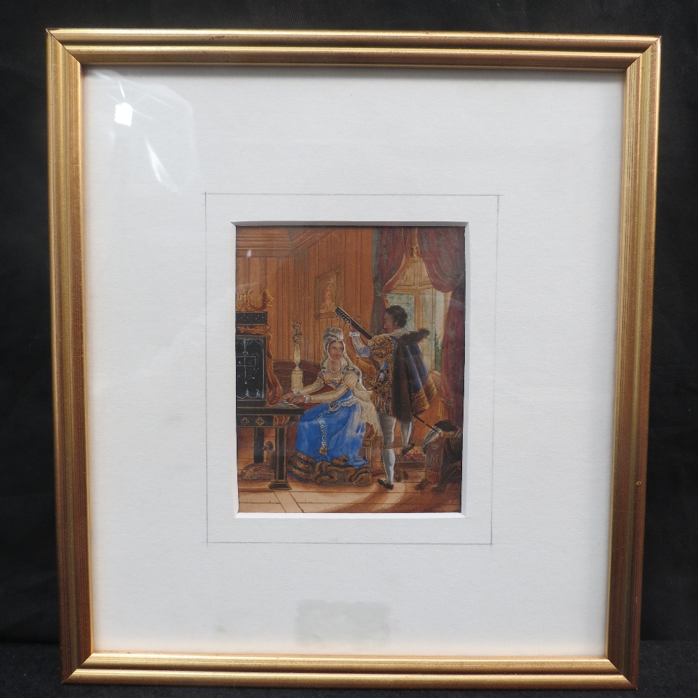 A Victorian, English school, watercolour depicting a tudor scene with a gentleman guitarist