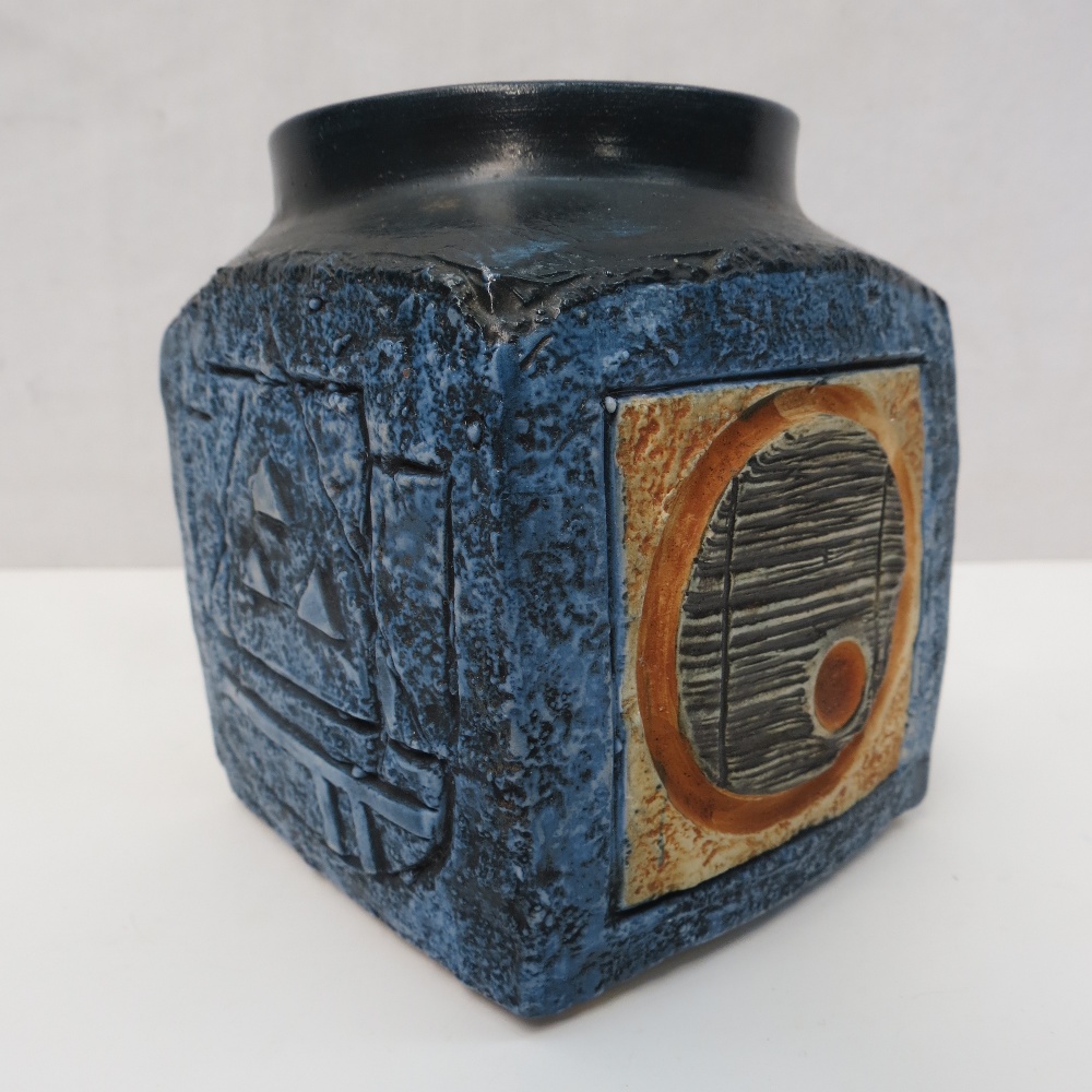 A Troika pottery open chimney vase in blue and black by Jane Fitzgerald or Linda Hazel, height