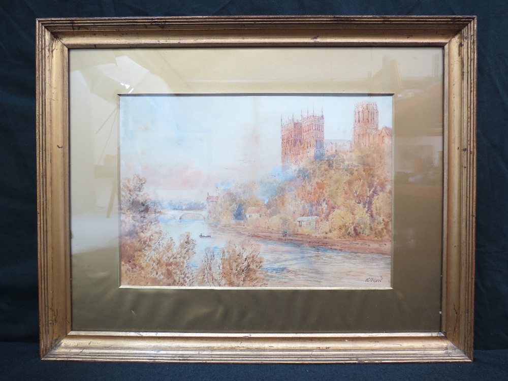 E Nevil - a large framed and glazed Victorian watercolour of Durham Cathedral, signed, 37x26cm