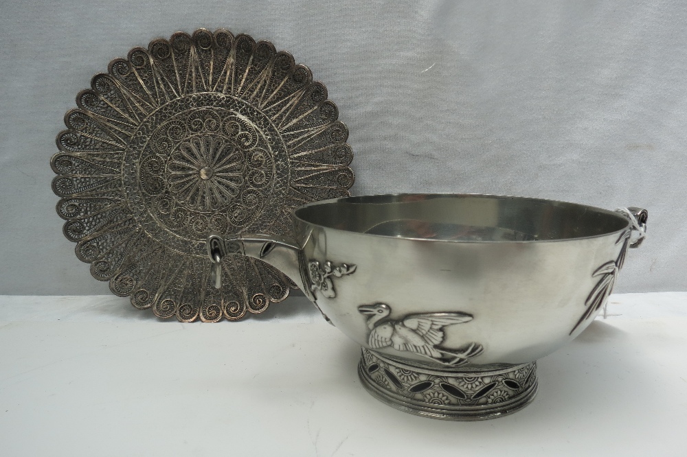 A filigree silver tray (diameter 18cm) and a quaich like Oriental vessel, width 21cm, including