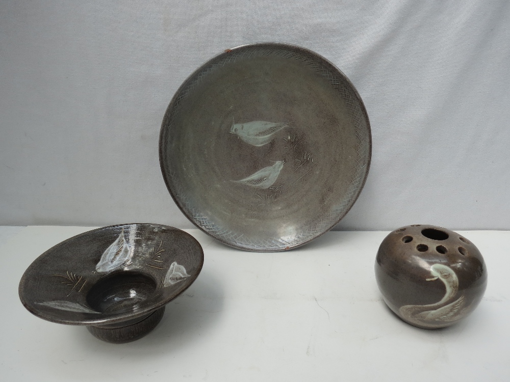 Three items of contemporary art pottery : pot pourri,small dish and a large shallow dish. Signed