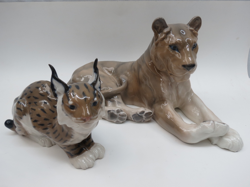 Royal Copenhagen recumbent lioness figurine, length 30cm, (804) also lynx. (1329).