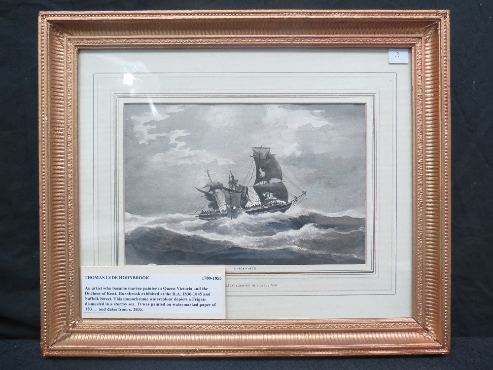 Thomas Lyde Hornbrook (1780-1855).  Frigate dismasted in a heavy sea, monochrome watercolour circa