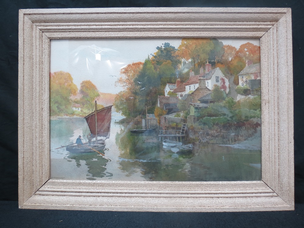 Ernest Williams. Haslehust (1866-1949) MRIPW. Up with the tide, Helford Village, Devon, watercolour,