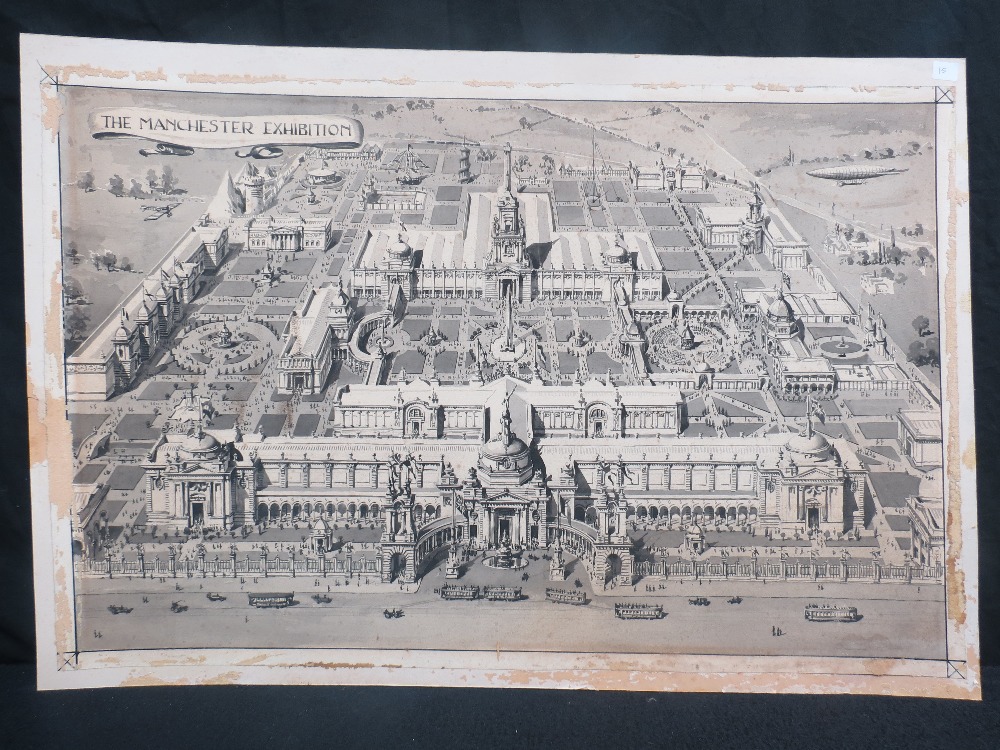 A watercolour of 'The Great Manchester Exhibition of 1910', the artist adopted a aerial panoramic