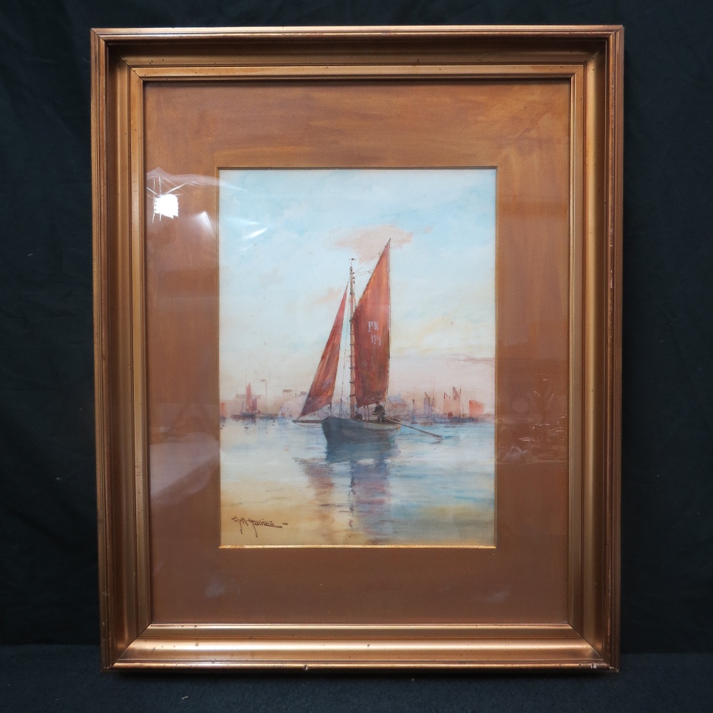 Anon. (Signature illegible). Russet sailed fishing smack entering harbour.  Watercolour, signed
