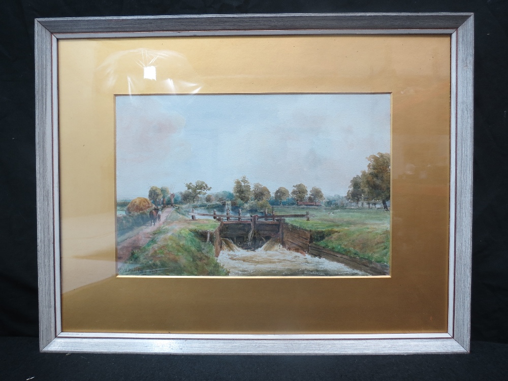 E.W. Pulling. Lockgate with house on towpath, 1913, watercolour, signed lower left with date. 23 x
