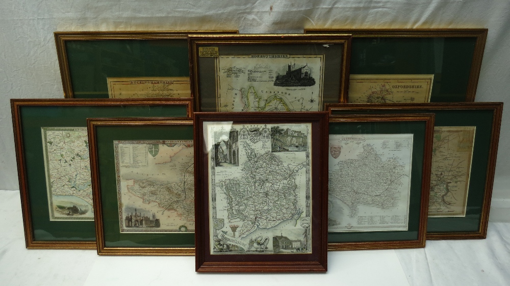 A 19thC hand coloured and tinted map of Northamptonshire and similar map of Oxfordshire. Also six